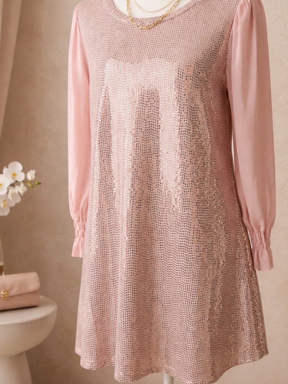 NWOT Elegant Pink Sequin Shift Dress - Women's size large